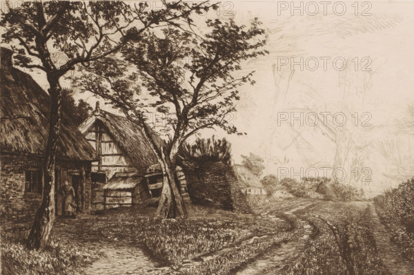 Landscape with farmhouses and mill, print, annotation: '2nd State, March 19, 1883', printmaker: