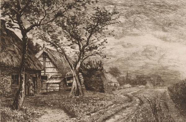 Landscape with farms and mill, print, annotation: '3emè Etàt, 28 mars 1883', printmaker: Jerôme