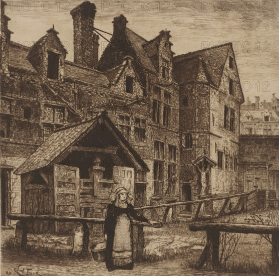 View of the courtyard of the St. Anna Gasthuis, print, annotation: 'L'ancien hospice des dames, rue