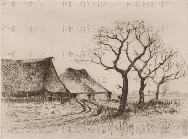 Winter landscape with farmhouse and three trees, print, inscription: 'Premiere epreuve le 20