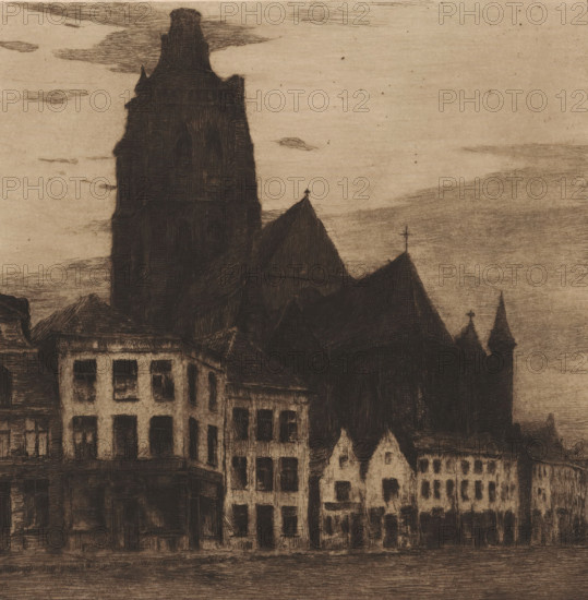 View of the Saint Walburga Church in Oudenaarde, print, annotation: '1a, 12, 77 in drawn triangle',