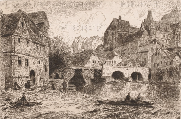 Cityscape with river, print, inscription: 'From 'Radigungen' Weimar 1885', printmaker: Theodor