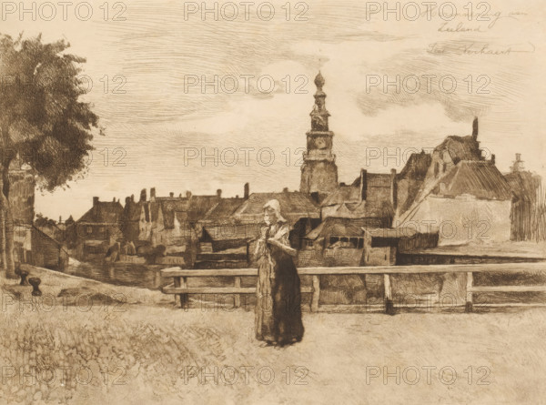 Memory of Zeeland, Woman in Zeeland traditional costume with a view of Vlissingen in the