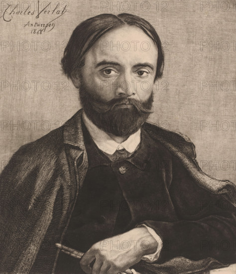 Self-portrait, print, printmaker: Charles Verlat, 1868, paper, chine collé, etching, drypoint,