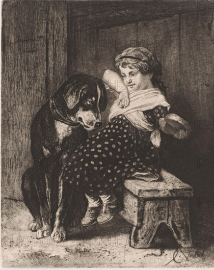 Girl with dog looking at her sandwich, print, printmaker: Charles Verlat, 1834 - 1890, paper, chine