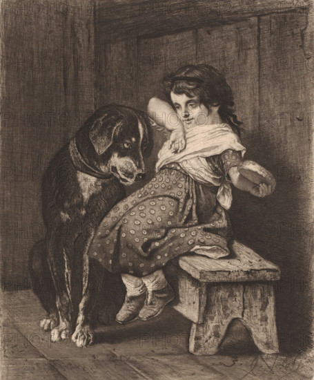 Girl with dog looking at her sandwich, print, printmaker: Charles Verlat, 1834 - 1890, paper,