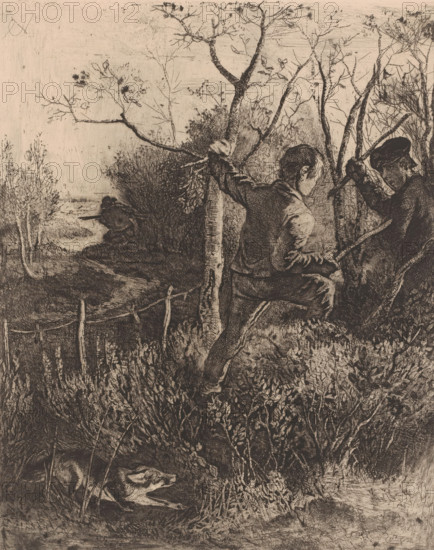 Landscape with hunter and two fighting boys, print, printmaker: Charles Verlat, 1834 - 1890, paper,