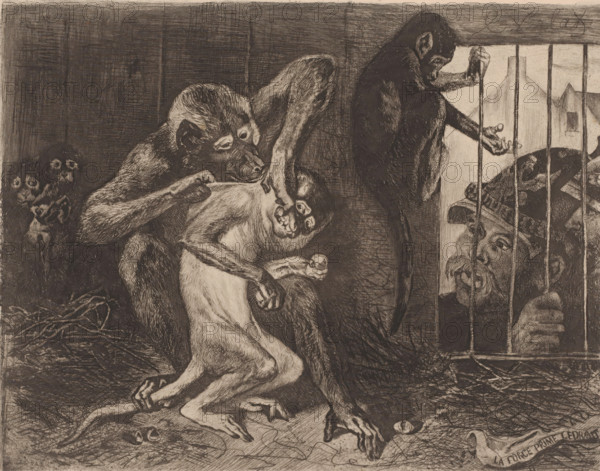 La force prime le droit, Otto von Bismarck by a cage with monkeys, print, The Prussian statesman