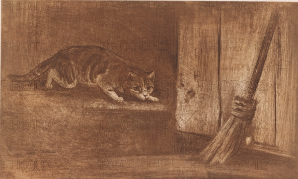 Cat and mouse, print, Cat stalks a mouse hiding behind a broom., printmaker: Charles Verlat, 1834 -