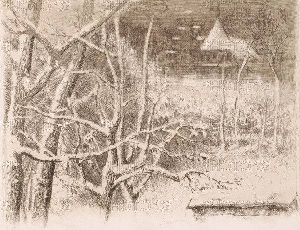 Snow landscape with castle, print, printmaker: Charles Verlat, 1834 - 1890, paper, etching,