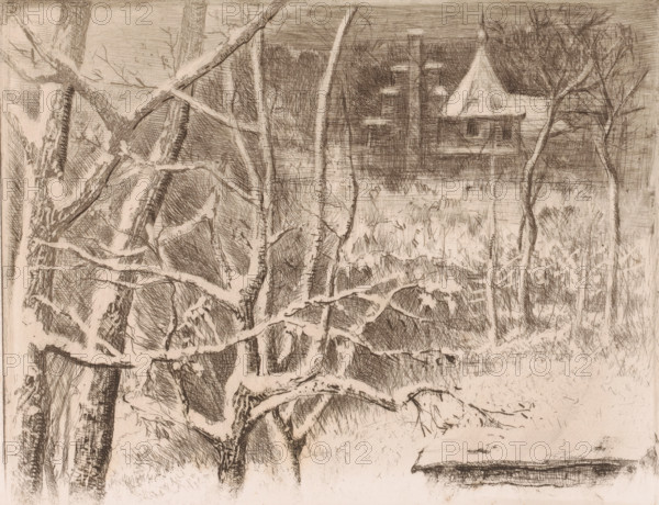 Snow landscape with castle, print, printmaker: Charles Verlat, 1834 - 1890, paper, etching,