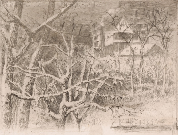 Snow landscape with castle, print, printmaker: Charles Verlat, 1834 - 1890, paper, etching,
