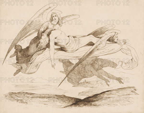 Saint carried by angels, print, printmaker: Heinrich Vianden, Germany (possibly), 1836, paper,