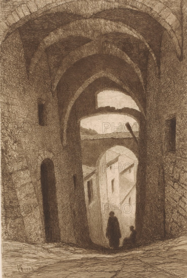 Gate with arches, print, printmaker: Maria van Hohenzollern-Sigmaringen (Countess of Flanders),