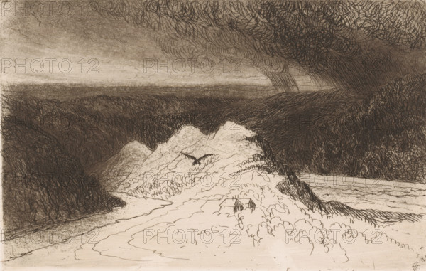 Mountain landscape with dark clouds, print, printmaker: Maria van Hohenzollern-Sigmaringen