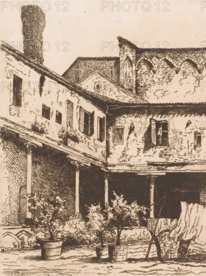 Courtyard with potted plants, print, printmaker: Maria van Hohenzollern-Sigmaringen (Countess of