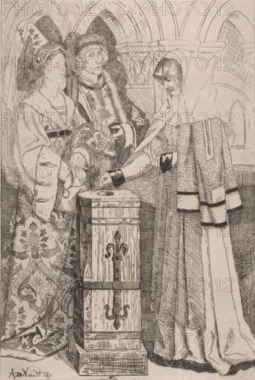 Widow gives a gift, print, printmaker: Albrecht de Vriendt, 1871, paper, chine collé, etching,