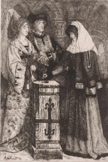 Widow gives a gift, print, printmaker: Albrecht de Vriendt, 1871, paper, chine collé, etching,