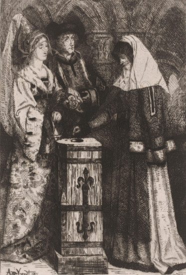 Widow gives a gift, print, printmaker: Albrecht de Vriendt, 1871, paper, chine collé, etching,