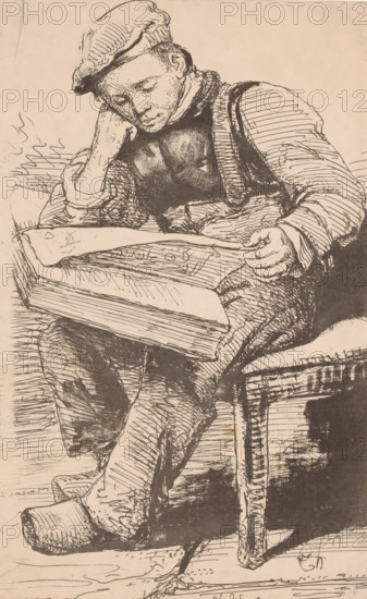 Boy leafing through an album, print, printmaker: Charles Augustin Wauters, 1821 - 1869, paper,