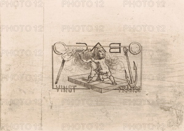 Vingt France, Two putti with dice, a torch and an anchor, print, At the top in mirror image the