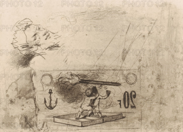 Study sheet with, among others, putti, a torch, anchor and head, print, printmaker: Adrien De