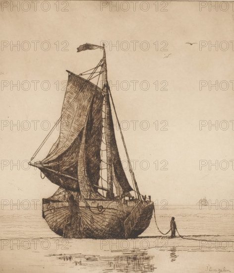 Fishing boat on the beach of Katwijk, print, Next to the boat a sailor carrying the anchor chain.,