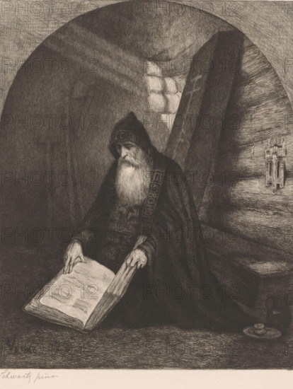 Orthodox monk or hermit kneeling with an open book, print, annotation: 'A mr. Allebé ... signature