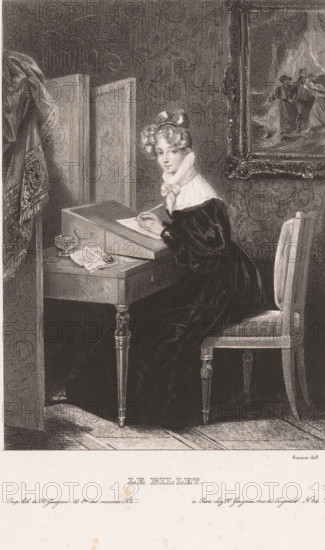 Le billet, Young woman writing a letter at a desk, print, printmaker: Hippolyte Louis Garnier,