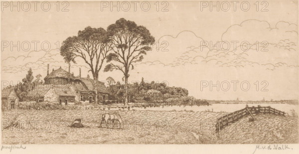 Landscape with meadows, water and farm, print, printmaker: Maurits van der Valk (signed by artist),