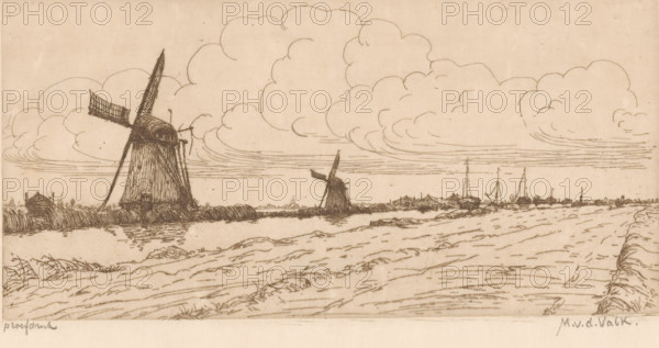 Landscape with meadow, canal and windmills, print, printmaker: Maurits van der Valk (signed by