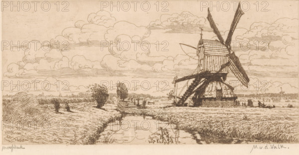 Pasture landscape with ditch and windmill, print, printmaker: Maurits van der Valk (signed by