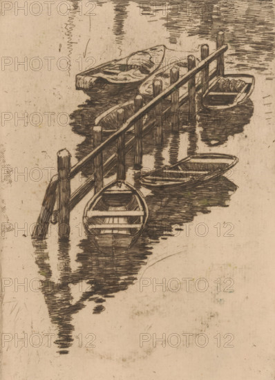 Moored rowing boats, print, printmaker: Maurits van der Valk (signed by artist), 1867 - 1914,