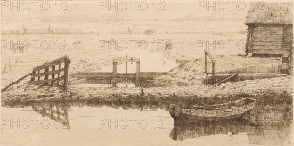 Haarlemmervaart (original title), Ditch with dam in a meadow, print, A rowboat in the ditch.,