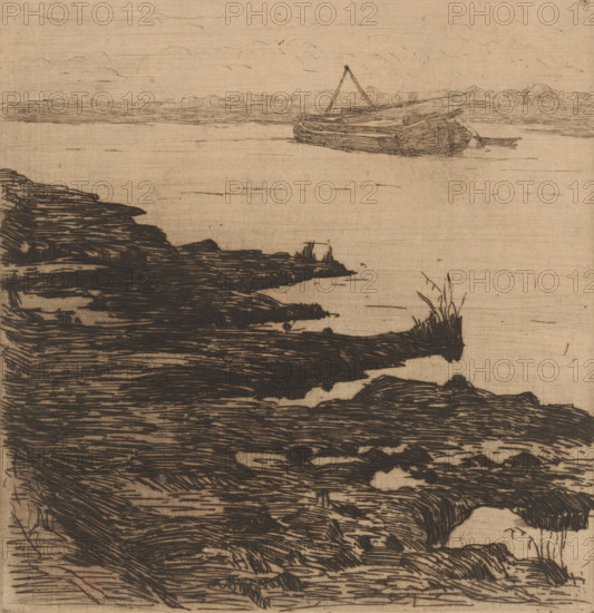 River with boat, print, printmaker: Maurits van der Valk (signed by artist), 1867 - 1914, paper,