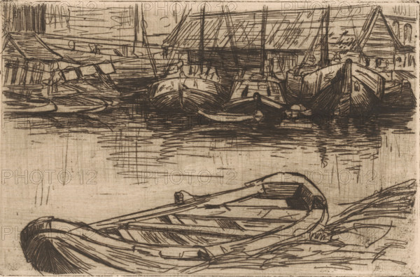 Moored boats in harbour, print, printmaker: Maurits van der Valk (signed by artist), 1867 - 1914,