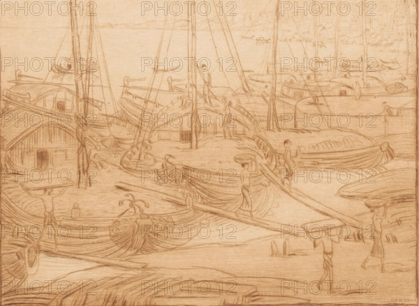 Unloading ships (original title), Moored ships on the bank of the Ganges in Benares, print, Several