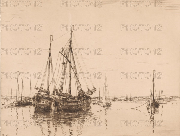 Harbour, Norderney (original title), Harbour with moored two-masted ship, print, printmaker: Willem