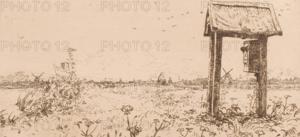 Letterbox, Kaag (original title), Meadows at the Kaag, with letterbox, print, printmaker: Willem