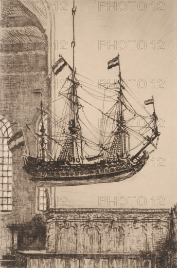 Ship model in the Great Church, in Blokzijl, Ship in the Church (original title), print,