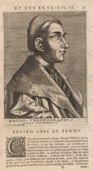 Regino, Chronographus Abbas, Prumiensis, Portrait of Regino von Prüm, print, book illustration,