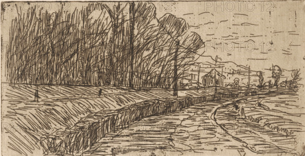 Landscape with road, forest edge and power poles, print, printmaker: Maurits van der Valk (signed