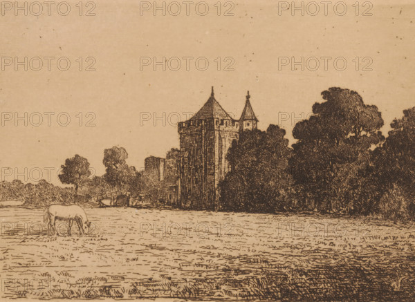 View of Brederode Castle seen from a meadow, print, printmaker: Jonkheer Barthold Willem Floris van
