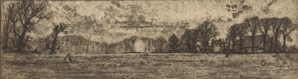 Farm near Santpoort (original title), print, In the foreground several figures in a meadow. In the