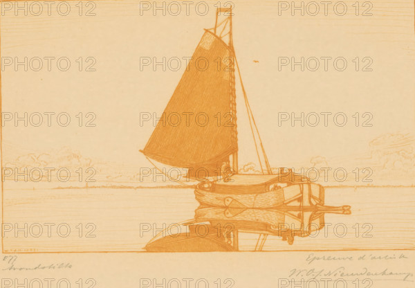 Evening Silence (original title), Peat Barge on a Lake at Calm, print, printmaker: Wijnand Otto Jan