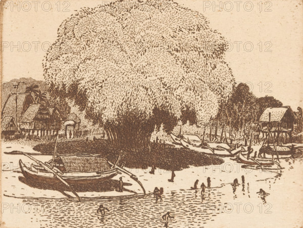 View of Loloan Barat in Bali, The fishing village (original title), print, In the foreground,