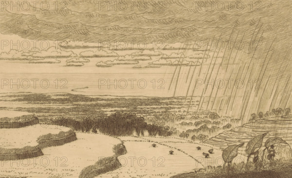 A rain shower (original title), Rain shower over the rice fields near Gitgit on Bali, print, In the