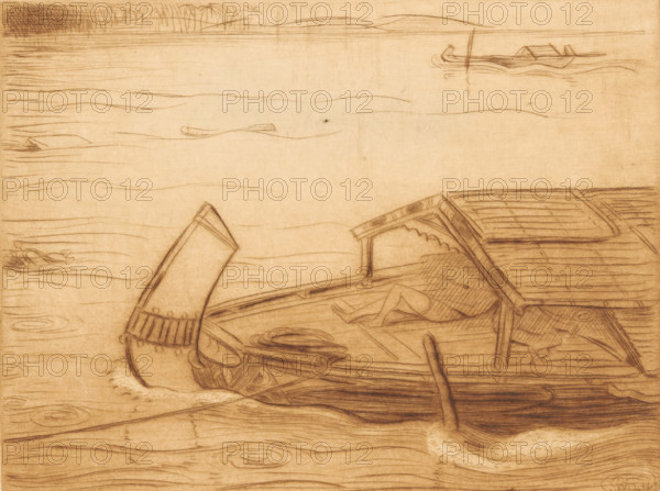 Moored ship in the Kali Mas in Surabaya, The river (original title), print, Two figures are