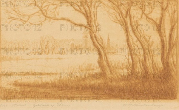 View of Edam (original title), print, Trees by a lake north of Edam. In the background the