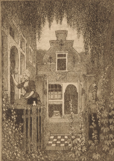 At the front door (original title), Woman in traditional costume knocking on a front door in Edam,